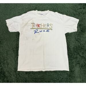 Vintage Gildan Teachers Rule T-Shirt Unisex XL White Graphic Print Cotton Tee
